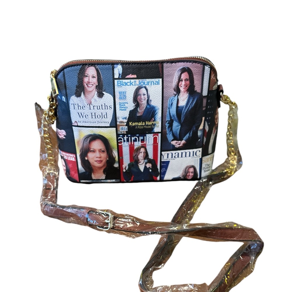 Kamala Harris Crossbody Handbag. Gold hardware and leather strap.